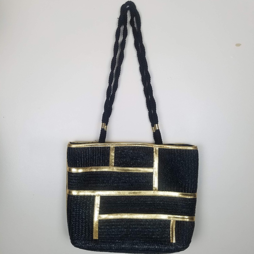 Black Straw Beach Bag Gold Geometric Embellishment